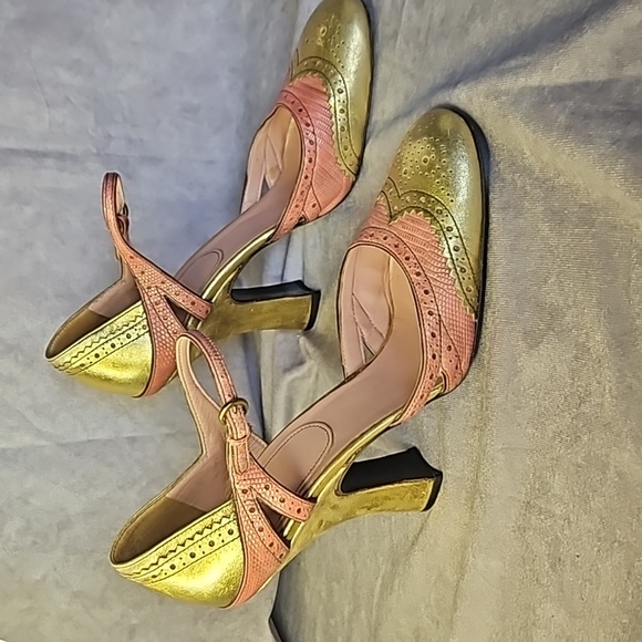 Miu Miu Gold Peach Pink Coral Orange Round Mary Jane Leather Heel Wedge Sz.40 - Picture 7 of 8